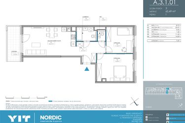 Rzut - Mieszkanie na sprzedaż 3 pokoje o powierzchni 65,49 m² - numer 1.3.1.01 w Nordic Powstańców Śląskich