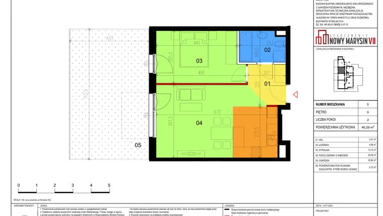 Rzut - Mieszkanie na sprzedaż 2 pokoje o powierzchni 46,29 m² - numer 5 w Apartamenty Nowy Marysin VII