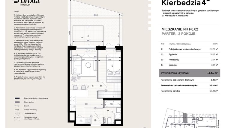 Rzut - Mieszkanie na sprzedaż 2 pokoje o powierzchni 34,46 m² - numer P0.02 w Kierbedzia 4