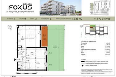 Rzut - Mieszkanie na sprzedaż 3 pokoje o powierzchni 65,85 m² - numer B1-3 w Fokus Bielany