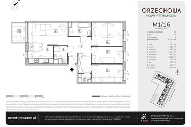 Rzut - Mieszkanie na sprzedaż 4 pokoje o powierzchni 82,24 m² - numer M1/16 w Orzechowa