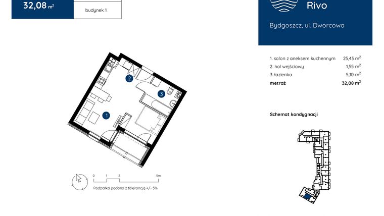 Rzut - Mieszkanie na sprzedaż 1 pokój o powierzchni 32,08 m² - numer 1.A.2.02 w Murapol Rivo