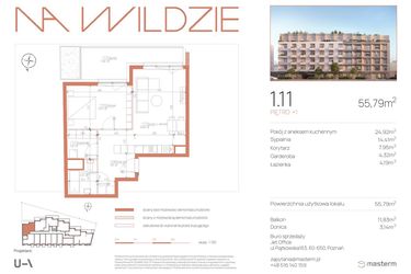 Rzut - Mieszkanie na sprzedaż 2 pokoje o powierzchni 55,79 m² - numer 1.11 w Na Wildzie