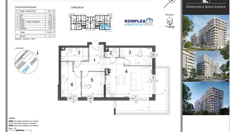 Rzut - Mieszkanie na sprzedaż 4 pokoje o powierzchni 78,2 m² - numer 73 w Dzielnica Kielczanka etap II