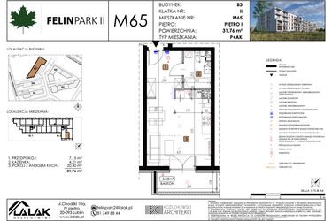 Rzut - Mieszkanie na sprzedaż 1 pokój o powierzchni 31,81 m² - numer M65 w Felin Park II etap 2
