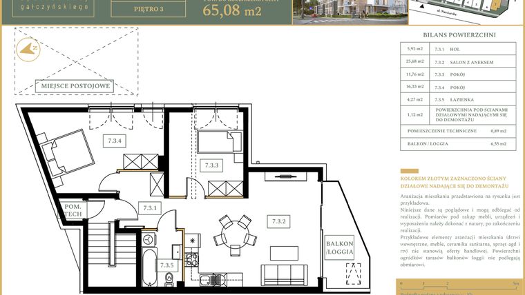 Rzut - Mieszkanie na sprzedaż 3 pokoje o powierzchni 65,08 m² - numer M14 w Apartamenty Gałczyńskiego