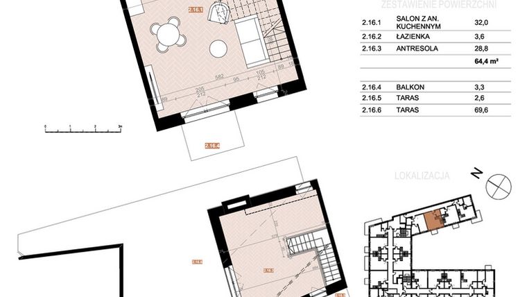 Rzut - Mieszkanie na sprzedaż 2 pokoje o powierzchni 64,4 m² - numer 216 w Szczecińska 20