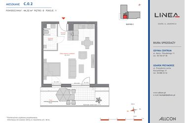 Rzut - Mieszkanie na sprzedaż 1 pokój o powierzchni 44,18 m² - numer C.0.2 w Linea