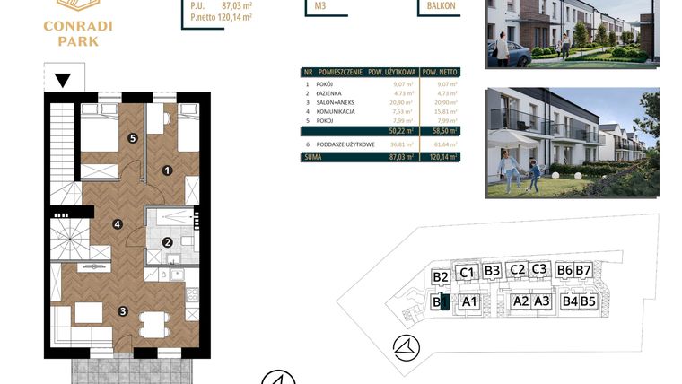 Rzut - Mieszkanie na sprzedaż 4 pokoje o powierzchni 120,14 m² - numer B1.M3 w Conradi Park