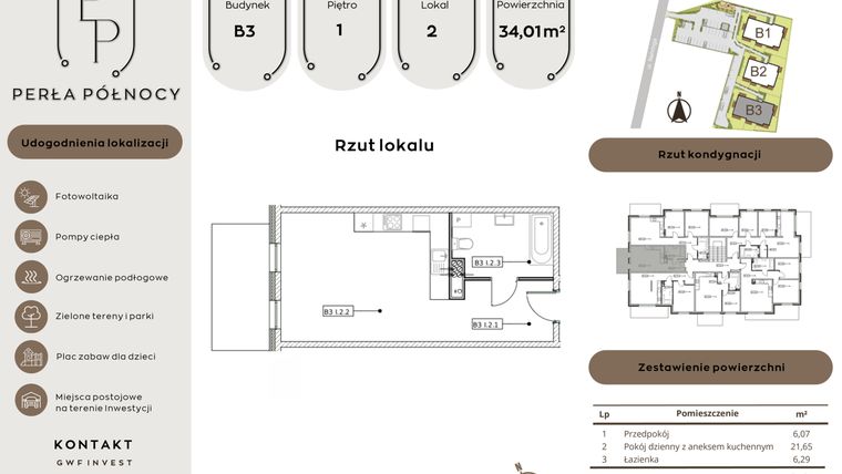 Rzut - Mieszkanie na sprzedaż 1 pokój o powierzchni 34,01 m² - numer B3.1_2 w Perła Północy etap 2