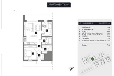 Rzut - Mieszkanie na sprzedaż 3 pokoje o powierzchni 71,45 m² - numer M9A w Rudava Park