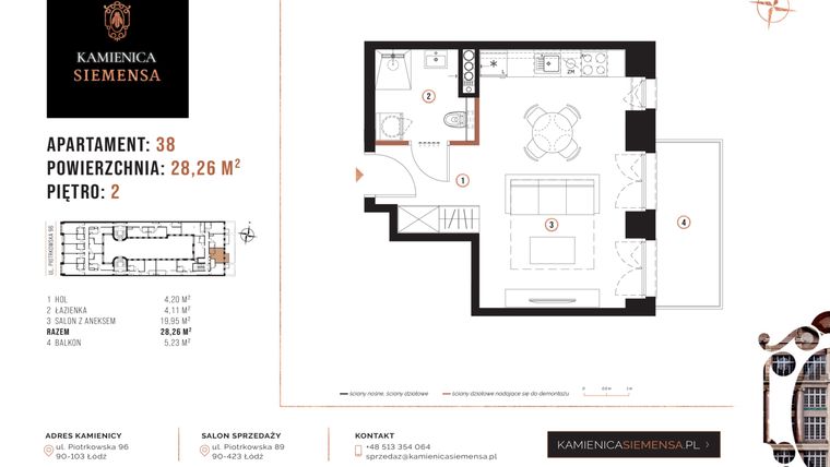 Rzut - Mieszkanie na sprzedaż 1 pokój o powierzchni 28,26 m² - numer 38 w Kamienica Siemensa