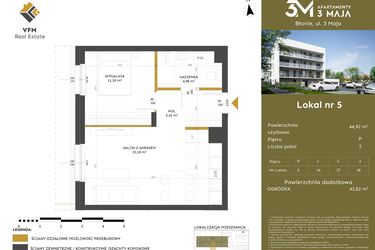 Rzut - Mieszkanie na sprzedaż 2 pokoje o powierzchni 44,92 m² - numer 5 w Apartamenty 3 Maja