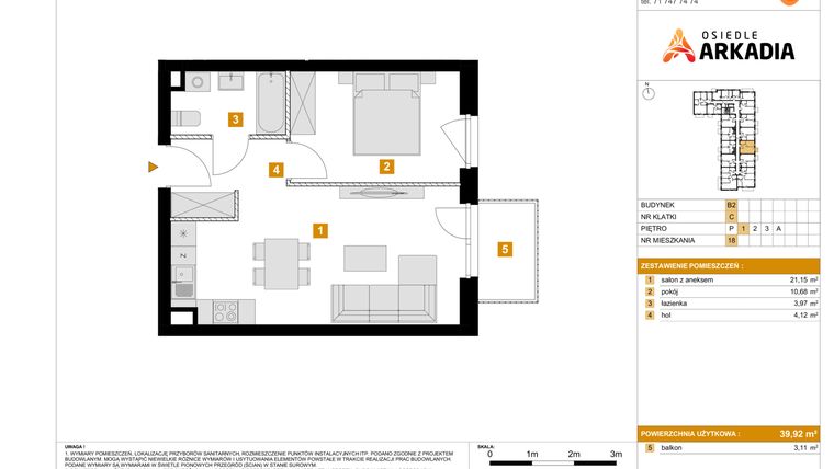 Rzut - Mieszkanie na sprzedaż 2 pokoje o powierzchni 39,92 m² - numer 18 w Osiedle Arkadia
