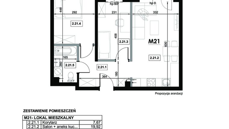 Rzut - Mieszkanie na sprzedaż 3 pokoje o powierzchni 54,25 m² - numer M21 w Miejska Premium II