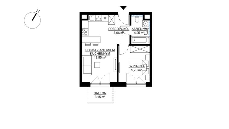 Rzut - Mieszkanie na sprzedaż 2 pokoje o powierzchni 36,86 m² - numer M28 w KWADRAT etap 2