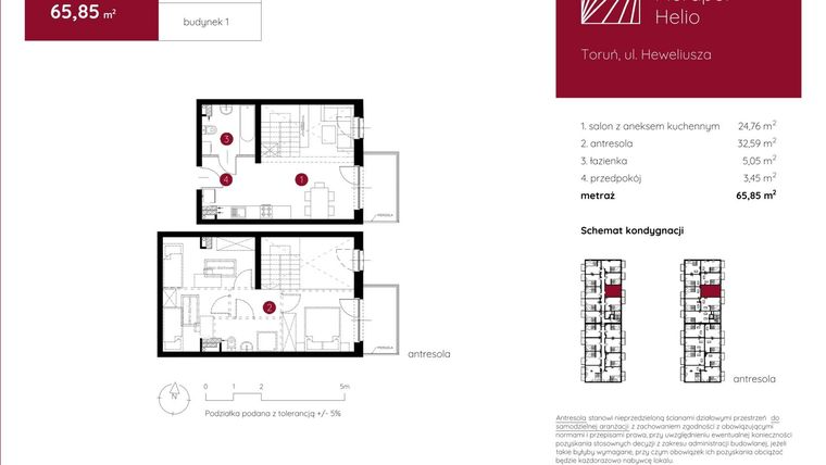 Rzut - Mieszkanie na sprzedaż 1 pokój o powierzchni 65,85 m² - numer 1.A.2.16 w Murapol Helio bud. 1 i 4