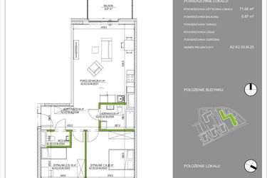 Rzut - Mieszkanie na sprzedaż 3 pokoje o powierzchni 71,66 m² - numer A2.25 w Osiedle Naturalnie