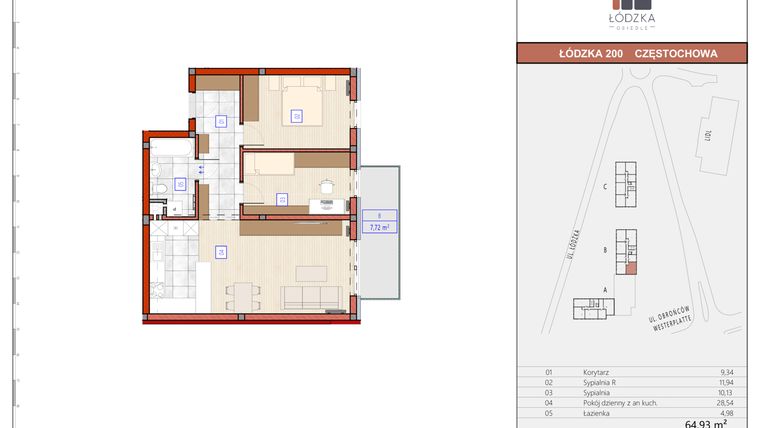 Rzut - Mieszkanie na sprzedaż 3 pokoje o powierzchni 64,99 m² - numer B.M.33 w Łódzka Osiedle