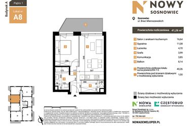 Rzut - Mieszkanie na sprzedaż 2 pokoje o powierzchni 41,26 m² - numer A8 w Nowy Sosnowiec