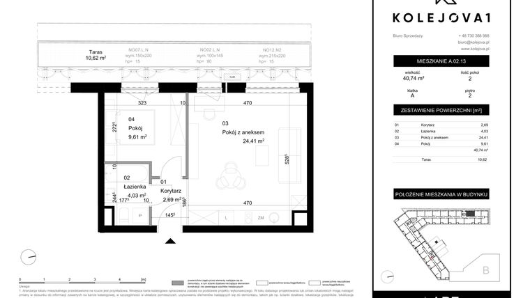 Rzut - Mieszkanie na sprzedaż 2 pokoje o powierzchni 40,74 m² - numer A-02-13 w Kolejova 1