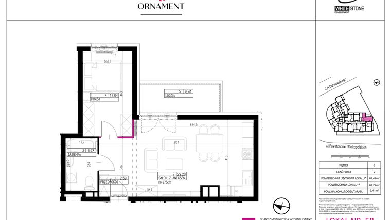 Rzut - Mieszkanie na sprzedaż 2 pokoje o powierzchni 48,49 m² - numer 58 w Ornament
