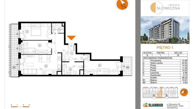 Rzut - Mieszkanie na sprzedaż 4 pokoje o powierzchni 88,02 m² - numer 76 w Osiedle Słoneczna
