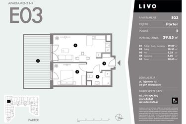 Rzut - Mieszkanie na sprzedaż 2 pokoje o powierzchni 39,85 m² - numer E03 w Livo