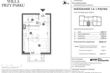 Rzut - Mieszkanie na sprzedaż 1 pokój o powierzchni 28,36 m² - numer 1.A w Willa przy parku