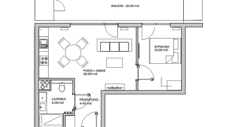Rzut - Mieszkanie na sprzedaż 2 pokoje o powierzchni 43,26 m² - numer M18 w Zielona Marina - Apartamenty inwestycyjne
