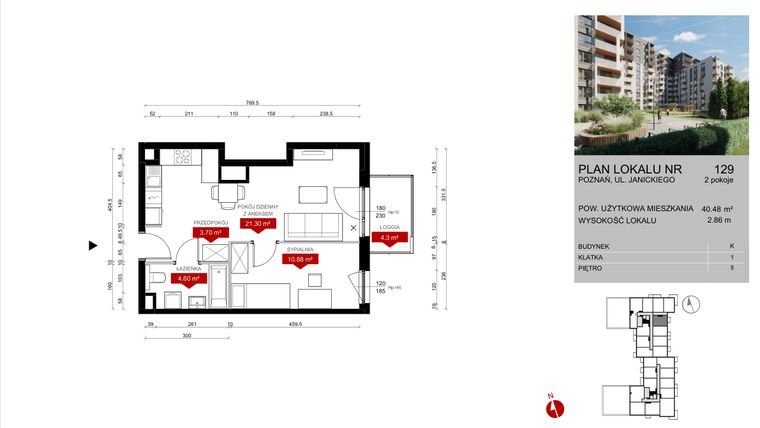 Rzut - Mieszkanie na sprzedaż 2 pokoje o powierzchni 40,48 m² - numer K.129 w Wieża Jeżyce etap V