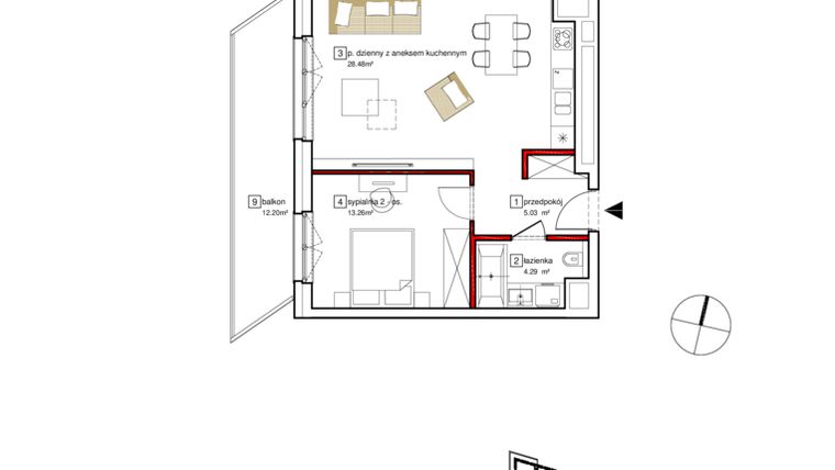 Rzut - Mieszkanie na sprzedaż 2 pokoje o powierzchni 52,66 m² - numer B1.13A w Francuska Park VII