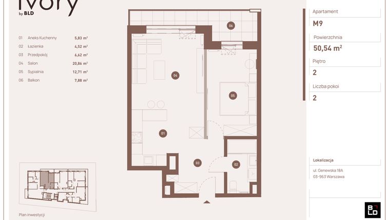 Rzut - Mieszkanie na sprzedaż 2 pokoje o powierzchni 50,54 m² - numer M09 w Ivory