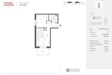 Rzut - Mieszkanie na sprzedaż 2 pokoje o powierzchni 36,8 m² - numer A1.102.M04 w Mieszkaj w mieście - Ogrody Glogera