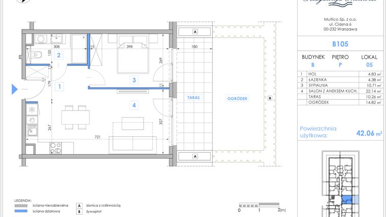 Rzut - Mieszkanie na sprzedaż 2 pokoje o powierzchni 41,97 m² - numer B105 w Rezydencja Niechorze II