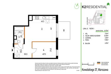 Rzut - Mieszkanie na sprzedaż 2 pokoje o powierzchni 44,92 m² - numer 12 w Kowalskiego 37