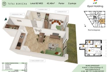 Rzut - Mieszkanie na sprzedaż 2 pokoje o powierzchni 42,48 m² - numer B2.M3 w Tutaj Bunscha
