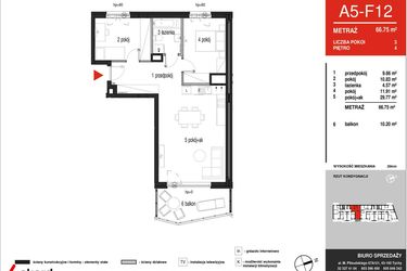 Rzut - Mieszkanie na sprzedaż 3 pokoje o powierzchni 66,75 m² - numer A5-F12 w Panorama A5
