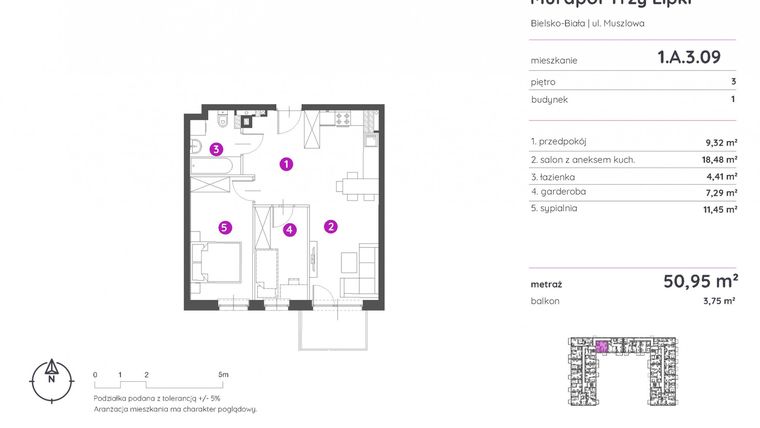 Rzut - Mieszkanie na sprzedaż 2 pokoje o powierzchni 50,95 m² - numer 1.A.3.09 w Murapol Trzy Lipki