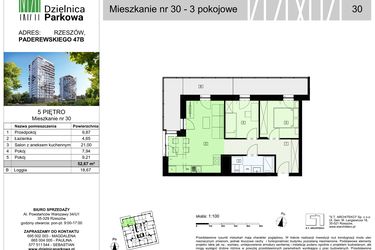 Rzut - Mieszkanie na sprzedaż 3 pokoje o powierzchni 52,67 m² - numer 30/B7 w Dzielnica Parkowa VII