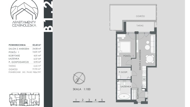 Rzut - Mieszkanie na sprzedaż 2 pokoje o powierzchni 52,6 m² - numer B1.2 w Apartamenty Czarnoleska