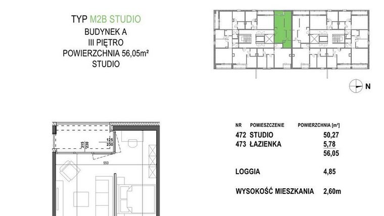 Rzut - Mieszkanie na sprzedaż 1 pokój o powierzchni 56,05 m² - numer M2B.P4 w Apartamenty Żorska