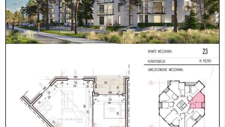 Rzut - Mieszkanie na sprzedaż 2 pokoje o powierzchni 42,89 m² - numer 23 w Grasera 12