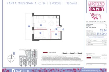 Rzut - Mieszkanie na sprzedaż 2 pokoje o powierzchni 39,52 m² - numer C1.24 w Miasteczko Brzeziny II