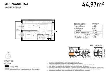Rzut - Mieszkanie na sprzedaż 2 pokoje o powierzchni 44,97 m² - numer M41 w Finezja
