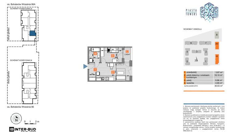 Rzut - Mieszkanie na sprzedaż 2 pokoje o powierzchni 36,83 m² - numer 86A.11 w Piasta Towers bud. 86 i 86A