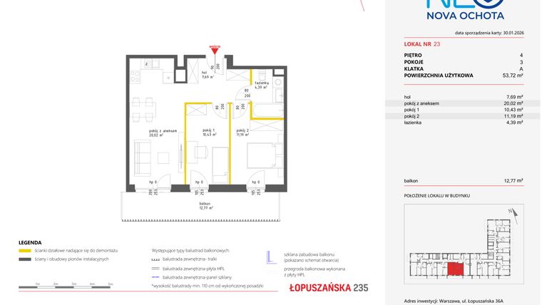 Rzut - Mieszkanie na sprzedaż 3 pokoje o powierzchni 53,67 m² - numer 23 w Neo Nova Ochota