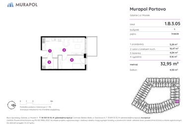 Rzut - Mieszkanie na sprzedaż 2 pokoje o powierzchni 32,95 m² - numer 1.B.3.05 w Murapol Portovo etap II