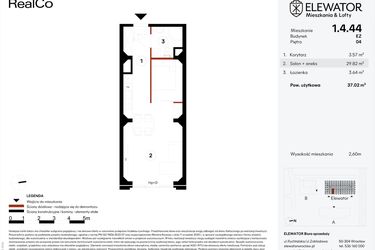Rzut - Mieszkanie na sprzedaż 1 pokój o powierzchni 37,02 m² - numer EZ.1.4.44 w Elewator - Mieszkania i Lofty