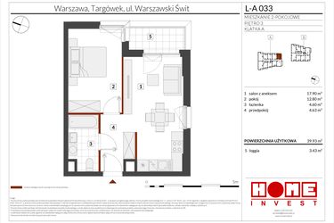 Rzut - Mieszkanie na sprzedaż 2 pokoje o powierzchni 39,93 m² - numer WS-L-A033 w Warszawski Świt etap XII